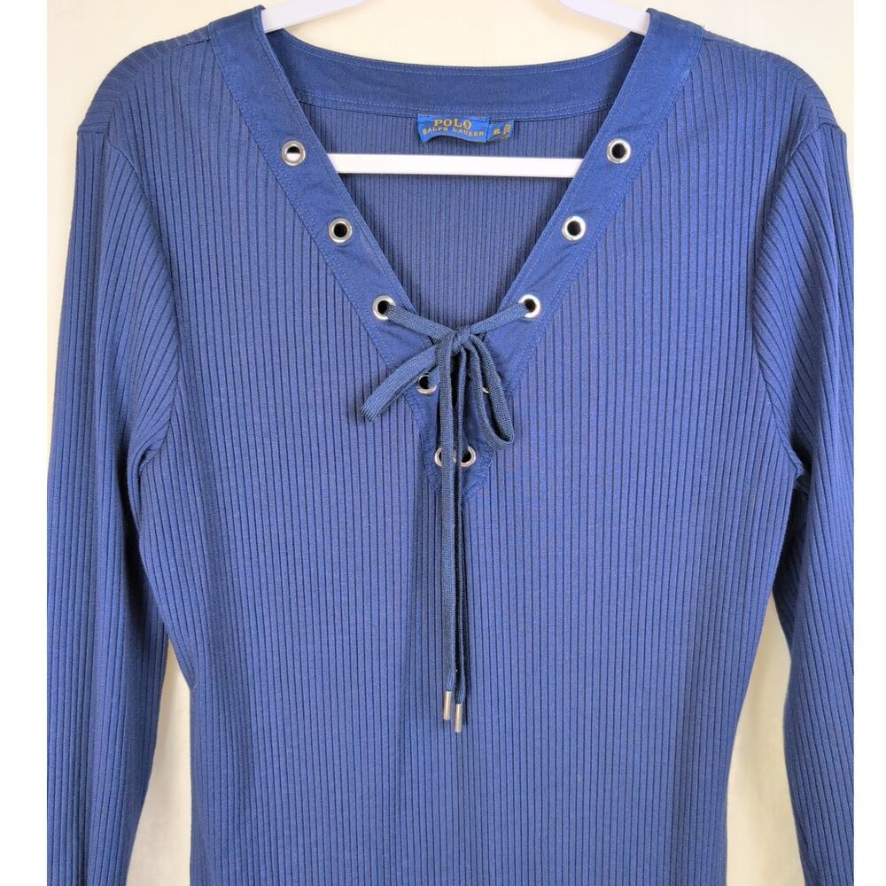 Polo Ralph Lauren navy blue ribbed knit lace up midi dress Sz XL Preppy Minimal - Picture 5 of 9